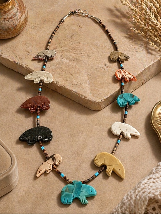 Jewelry - Vintage Zuni Fetish Necklace | Hand Carved Stone Animals | Turquoise Heishi 13”